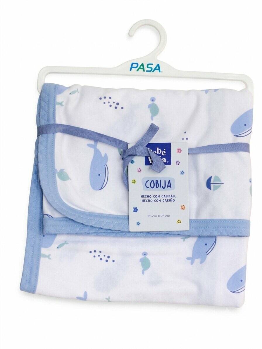Cobija algodón-poliéster estampado celeste interlock cardado 75cm x 75cm